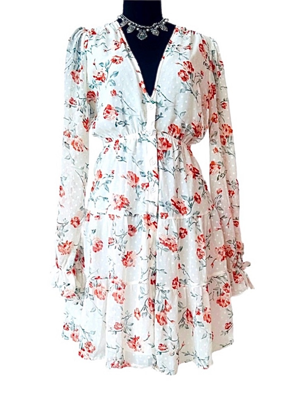 LULU’S ~ Long Sleeve Dress in White and Rust Floral Design Elastic Waistband